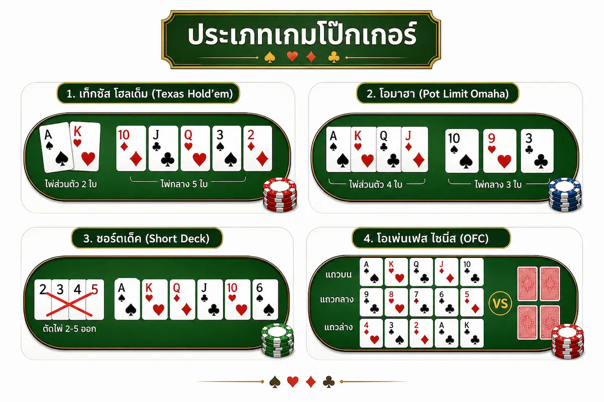 ประเภทเกมโป๊กเกอร์ที่ผู้เล่นควรรู้จักก่อนลงเงินจริง